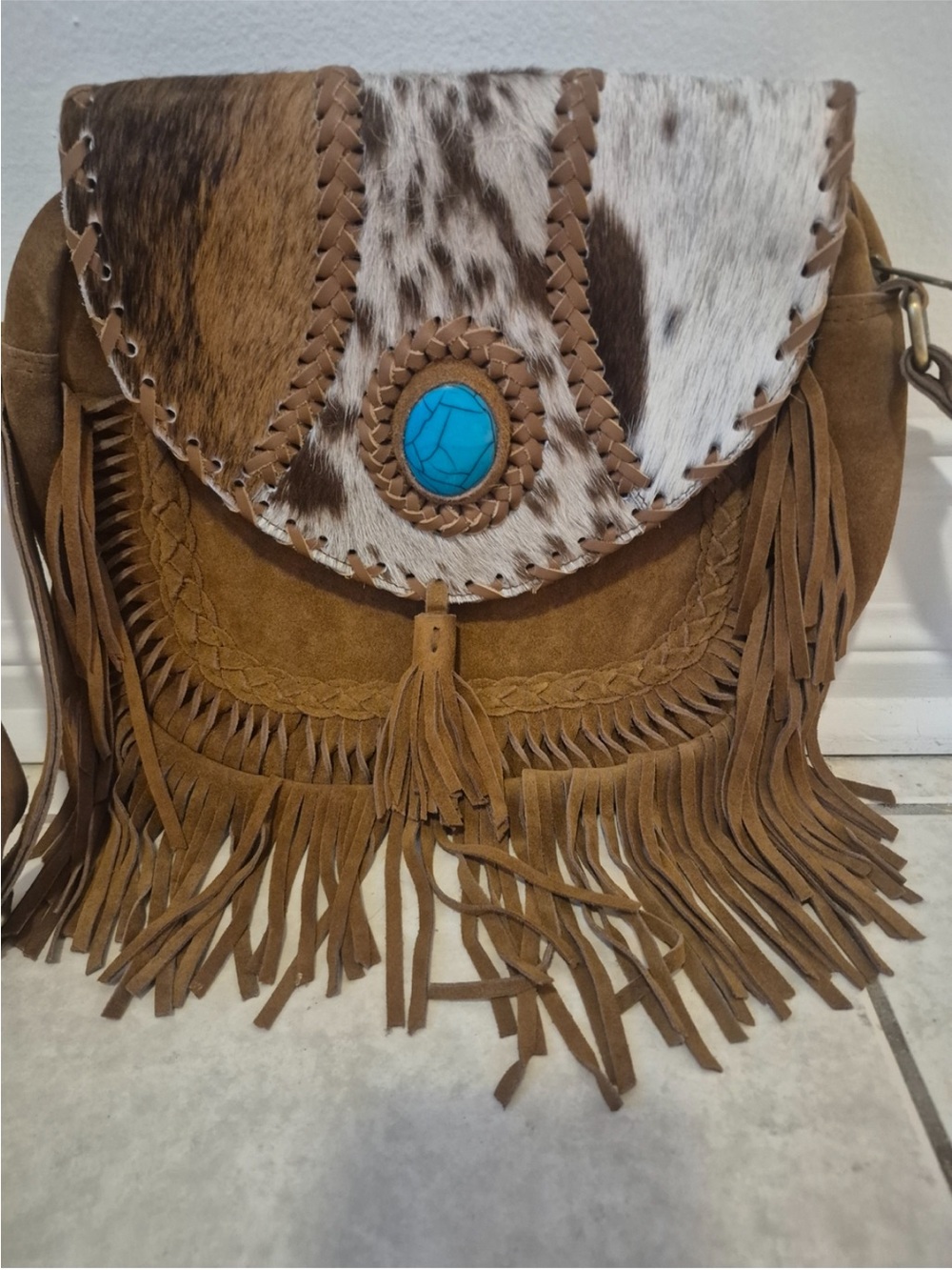 Boho Western Fringe Suede Cowhide Crossbody Bag